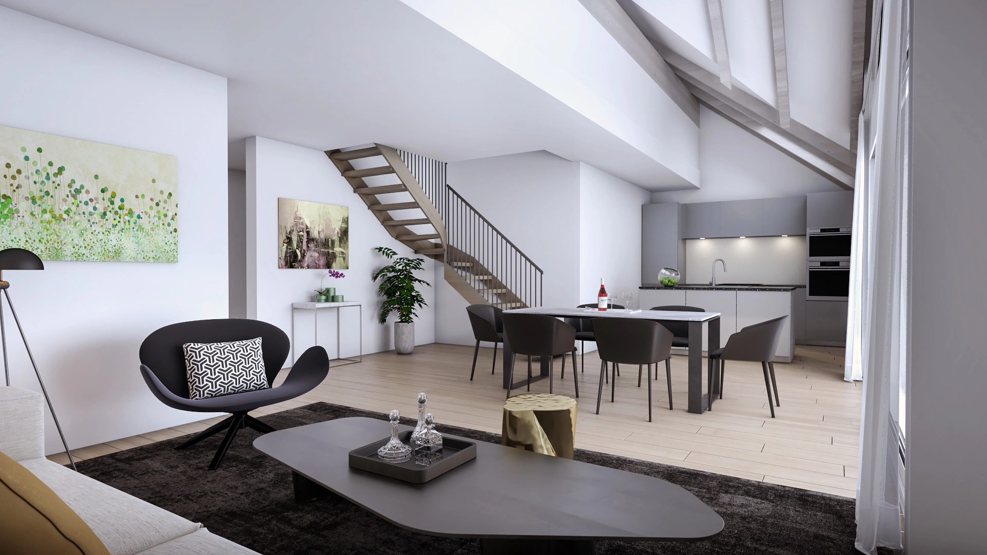 Visualisierung einer möblierten Dachwohnung mit offener Küche
