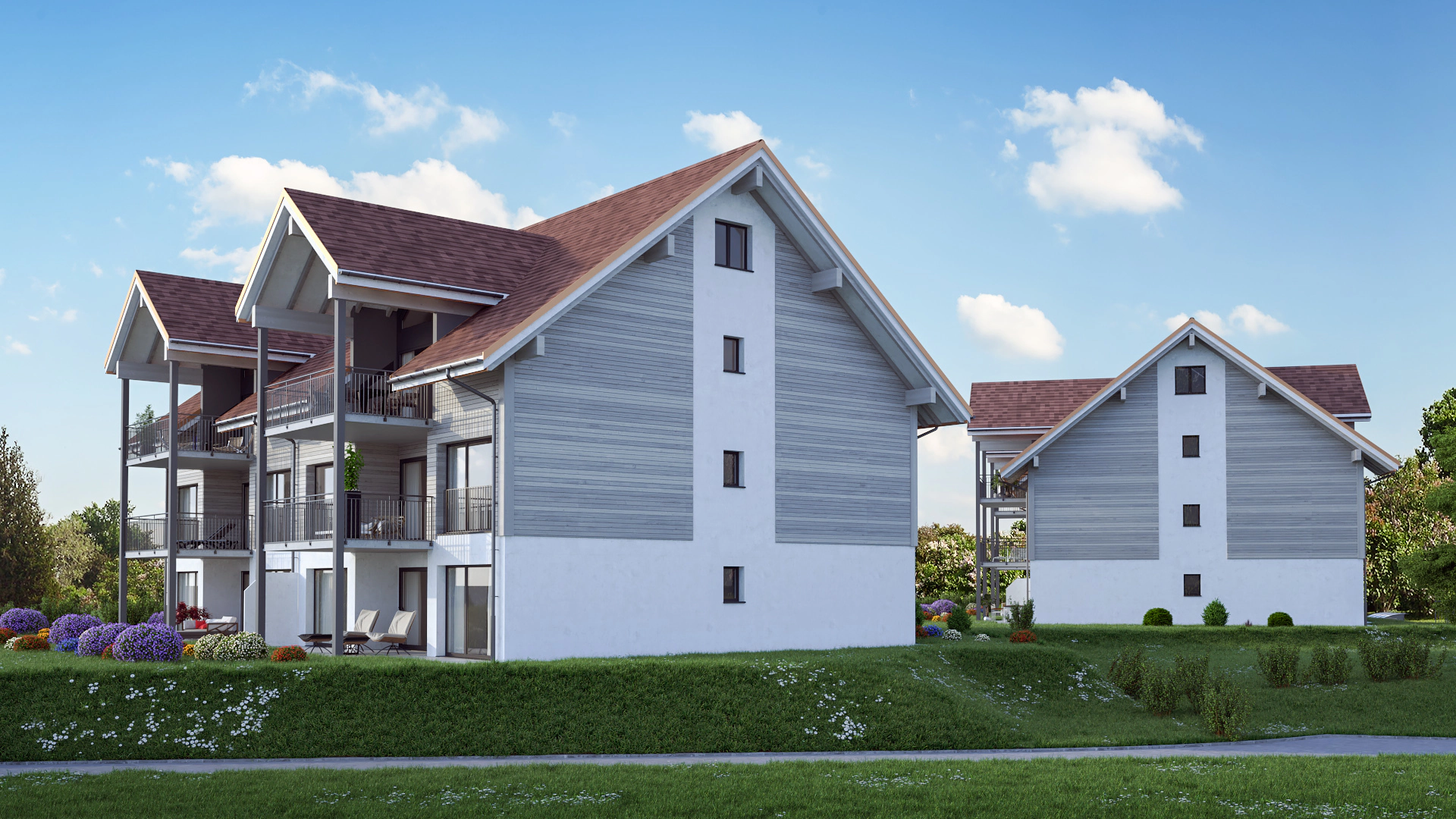 Visualisierung zweier Mehrfamilienhäuser mit Satteldach